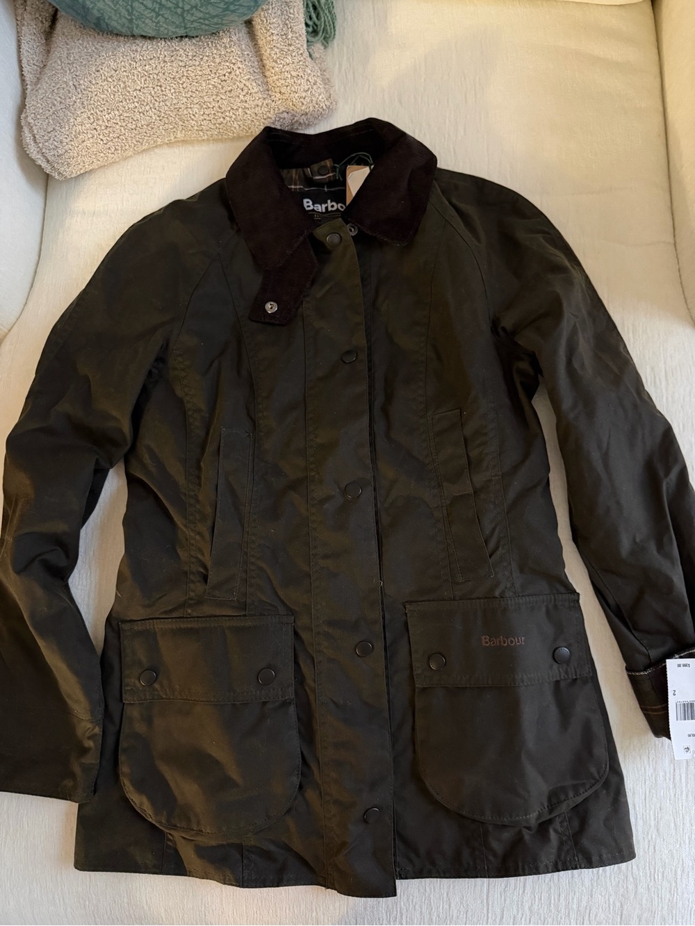 Barbour Olive Waxed Utility Jacket Beadnell with Cord Collar